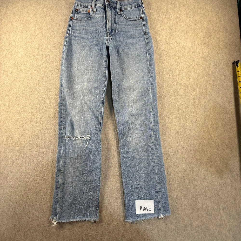 Madewell High Rise Straight Leg Jeans Light Wash Raw Hem Distressed Knee 25